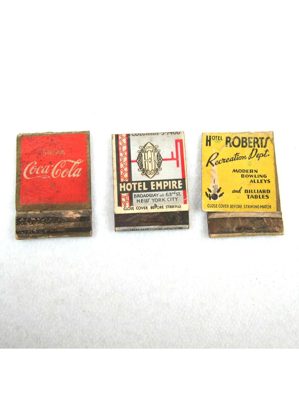 3 Vintage Matchbook Covers Drink Coca Cola, Hotel Empire New York, Hotel Roberts